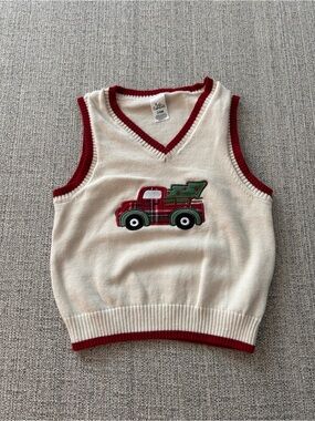 Baby Essentials Cream Sweater Vest Red Trim & Truck w Christmas Tree. Size 24M